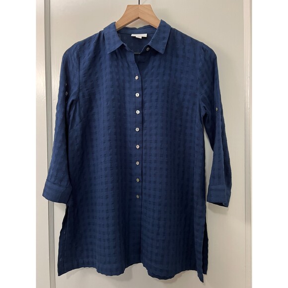 J Jill Women's Navy Blue 3/4 Sleeve Button Up Shirt Semi Sheer Size XS Petite - Picture 1 of 12